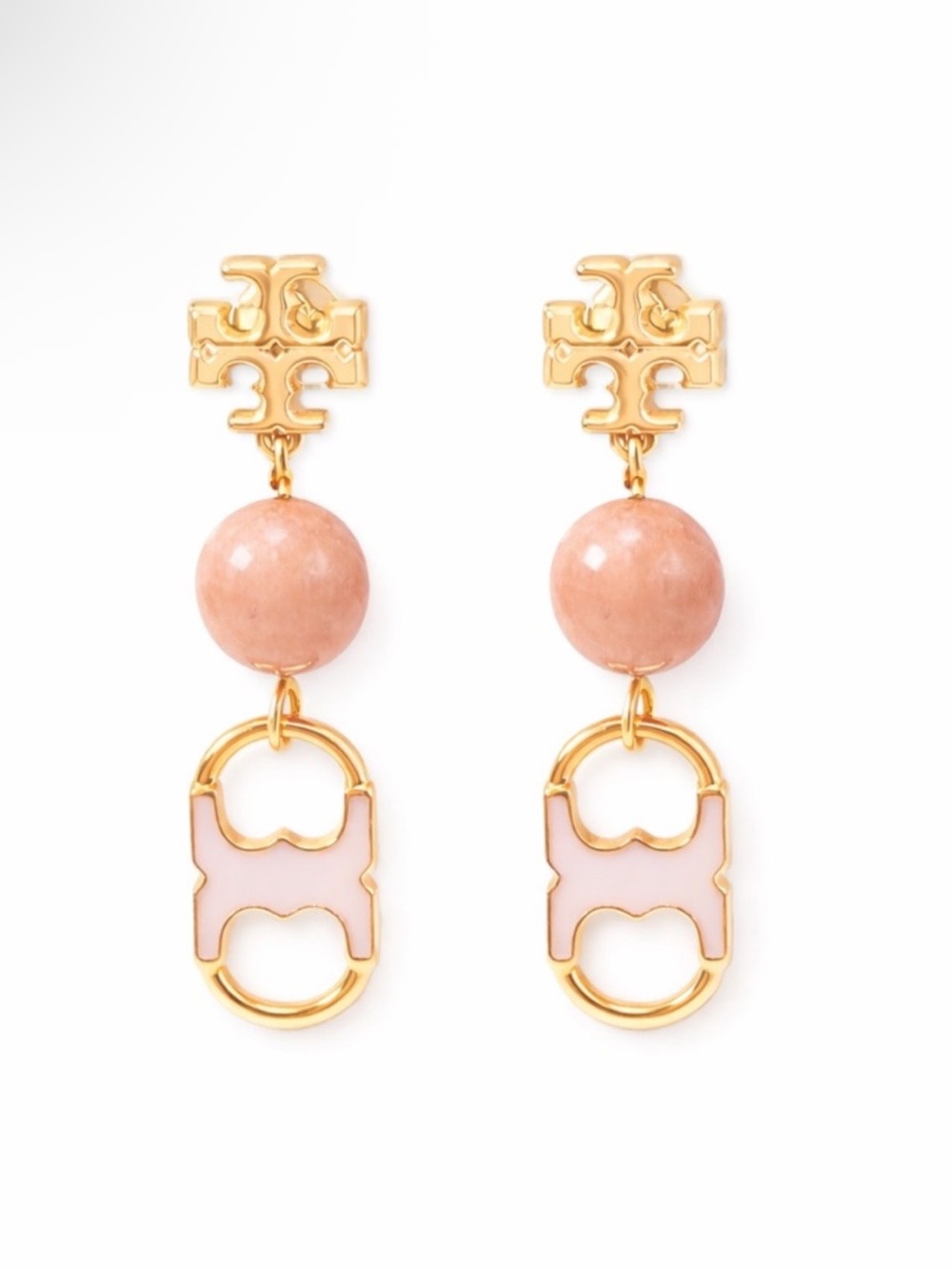 Tory Burch Pink Enamel Drop Earrings Gold Tone Logo Bead Statement NEW $148